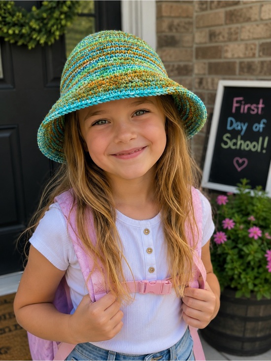 Hand Crafted Other - Handmade Kids Crochet Bucket Hat Blue Green Back to School Sun Hat